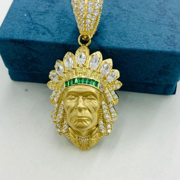 Native American Indian Chief Head Pendant 39x25mm Real 14K Yellow Gold for Mens - Picture 3 of 7